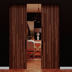 an open door leading to a dining room with a table and chairs in the background