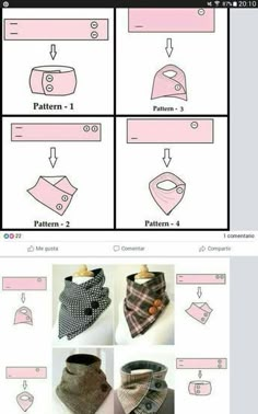 the instructions for how to make a scarf with different patterns and colors, including buttons