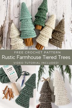 crocheted christmas trees with text overlay that reads, free crochet pattern rustic farmhouse tiered trees video tutor included