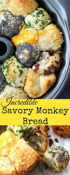 a pan filled with cheesy monkey bread and other baked goods next to it