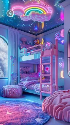 this is a bedroom with pink and blue lights on the ceiling, bunk beds in front of a window