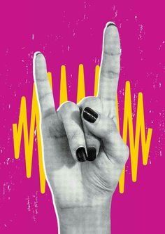 a woman's hand with black and yellow nails making the peace sign in front of a pink background