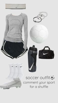 a woman in grey shirt and black shorts with soccer gear