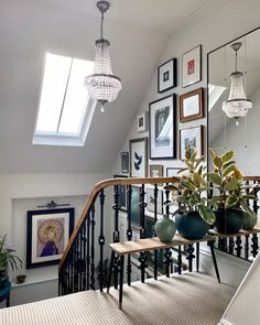 a staircase with pictures on the wall and potted plants next to it in front of a window