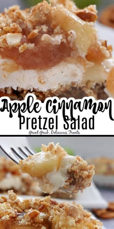 an apple cinnamon pretzel salad on a plate with a fork