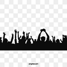 a crowd of people raising their hands in the air, silhouetted against a white background