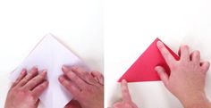 two photos of hands folding an origami triangle