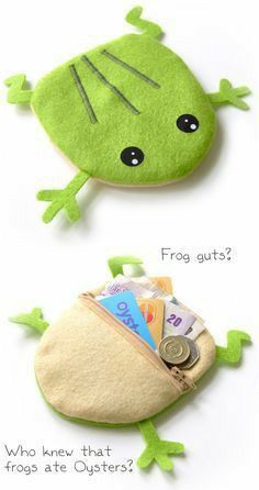 a green frog with money in its pouch and the caption frog guts? who knew that frogs ate oysters?