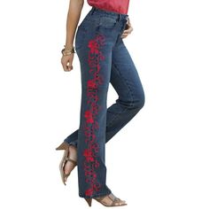 Roamans Women's Plus Size Whitney Jean With Invisible Stretch Embroidered Bootcut Jeans.Your favorite bootcut jeans, detailed with pretty, scrolling embroidery down the sides. Made in the five-pocket style and so easy to wear anywhere and everywhere. These are great-fitting jeans, made to serve your curves. All of our core, classic denim features an Invisible Stretch waistband designed to eliminate back-gap. They sit comfortably at the natural waist and are designed to move with you in super-str Mandala Jeans, Embroidered Jeans, Fashion Today, Plus Size Jeans, Casual Fall Outfits, Bootcut Jeans, Diy Clothes, Size Clothing, Plus Size Outfits