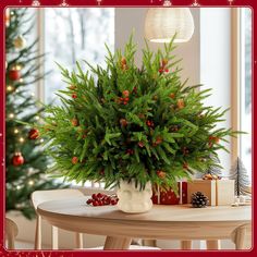 a potted plant sitting on top of a wooden table next to a christmas tree