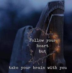 a wooden post with a chain attached to it that says, follow your heart but take your brain with you