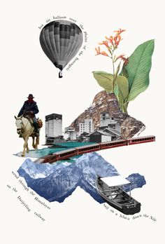 a collage of different things including a boat, hot air balloon, and mountains