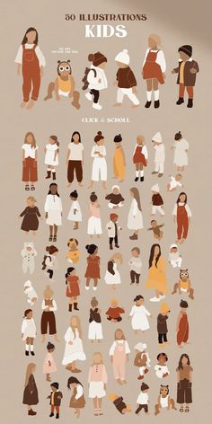 an illustrated poster with many different people in various outfits and sizes, including children's clothing