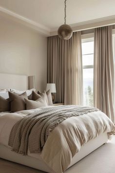 a large bed sitting in a bedroom next to a window with drapes on it