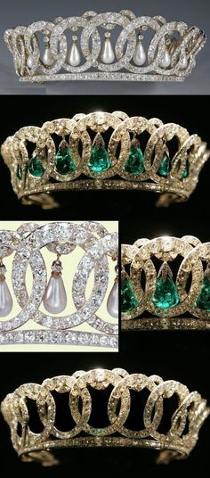 three different views of a tiara with emeralds and diamonds on it, all in gold