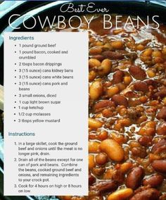 the recipe for cowboy beans in a skillet with instructions on how to cook it