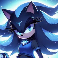 an animated image of a cat with blue eyes and long hair, standing in front of stars