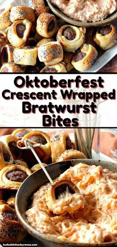 an assortment of baked breads and rolls with text overlay that reads oktoberfest crescent wrapped bratwurst bites