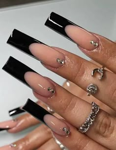 Sophisticated Manicure, Black Gel Nails, Cute Nail Colors, Black Coffin Nails, Black Acrylic Nails, Cute Simple Nails, Black French, Long Square Acrylic Nails