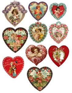 six heart shaped tins with angels and hearts on them, all decorated in different colors