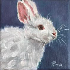 a painting of a white rabbit with pink ears and tail, on a blue background