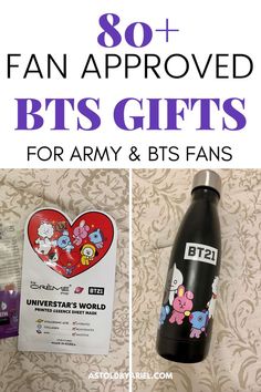 an advertisement for bts gifts with the text, 80 + fan approved bts gifts for army & bts fans