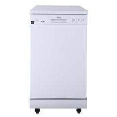 a white dishwasher sitting on top of a counter