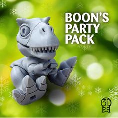 a toy dinosaur sitting on its hind legs with snowflakes behind it and the words booon's party pack