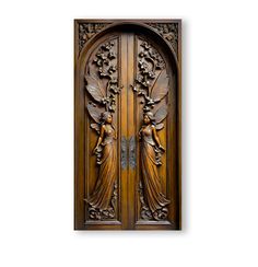 an ornate wooden door with two angels on it