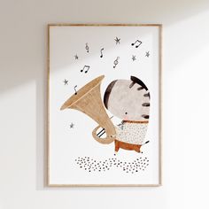 a framed art print with a zebra playing a musical instrument on it's side