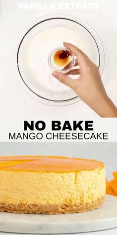 no bake mango cheesecake on a white plate with text overlay that reads, no bake mango cheesecake