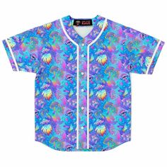 a baseball jersey with an abstract pattern on the front and back, all over print