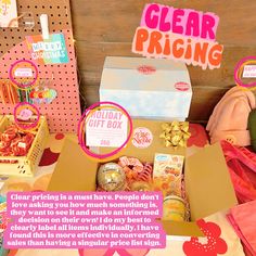 a box filled with lots of different types of candy and candies next to a sign that says clear pricing