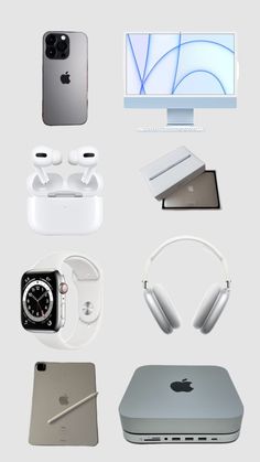 an assortment of apple products displayed on a white background