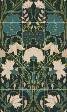 an art nouveau style wallpaper with flowers and leaves