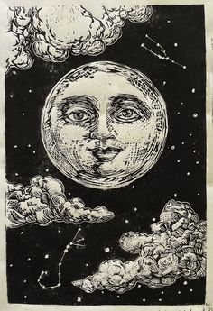 an ink drawing of the moon with clouds around it