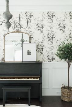 a black piano sitting in front of a mirror on top of a wooden floor next to a potted plant