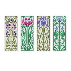 three cross stitch bookmarks with flowers and leaves on them, each one in different colors