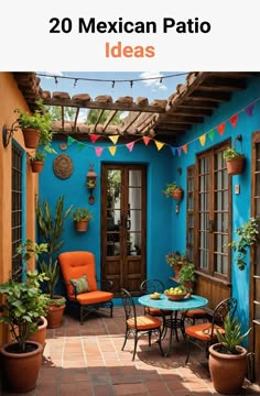 an outdoor patio with blue walls and potted plants on the table, surrounded by orange chairs