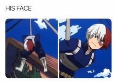 two pictures of anime characters with caption that reads, his face