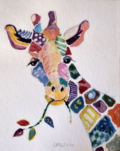 a painting of a giraffe with many different colors on it's face