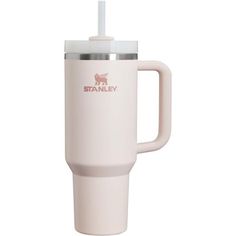 a white travel mug with a straw sticking out of it's lid and handle