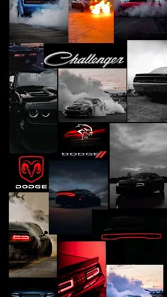 a collage of cars with the word dodge written on them in red and black