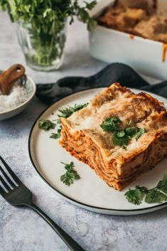 a white plate topped with lasagna covered in sauce and parmesan cheese