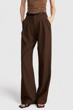 These tasteful pleated trousers feature a casual-wide leg, high waist and hidden closure, these trousers offer chic style with ease. Belt loops complete the look, giving you the perfect balance of comfort and fashion.Fabric: Cotton, Polyester Cheap Brown Tops For Workwear, Luxury Pleated Bottoms For Winter, Affordable Brown Bottoms For Workwear, Affordable Brown Workwear Tops, Cheap Brown Bottoms For Workwear, Luxury Brown Straight Leg Dress Pants, Luxury Pleated Waist Trousers, Affordable Brown Trousers, Luxury Box Pleat Bottoms For Workwear