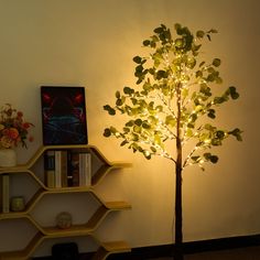 a lighted tree in the corner of a room next to a book shelf with books on it