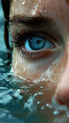 a close up of a person's face with blue eyes and water droplets around them