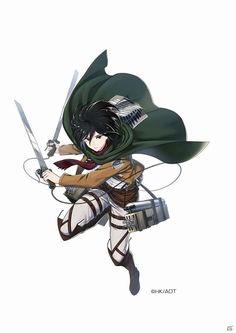 an anime character holding two swords in one hand and wearing a green cape on the other