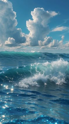 an ocean wave with blue sky and clouds in the background