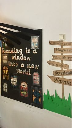 there is a sign that says reading is a window into a new world on the wall